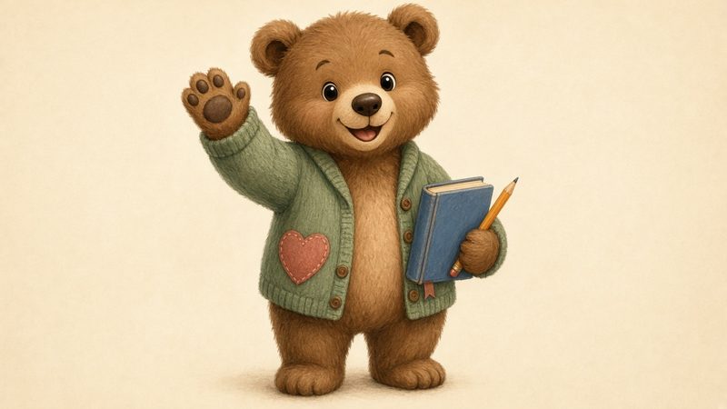 A cheerful bear in a heart cardigan